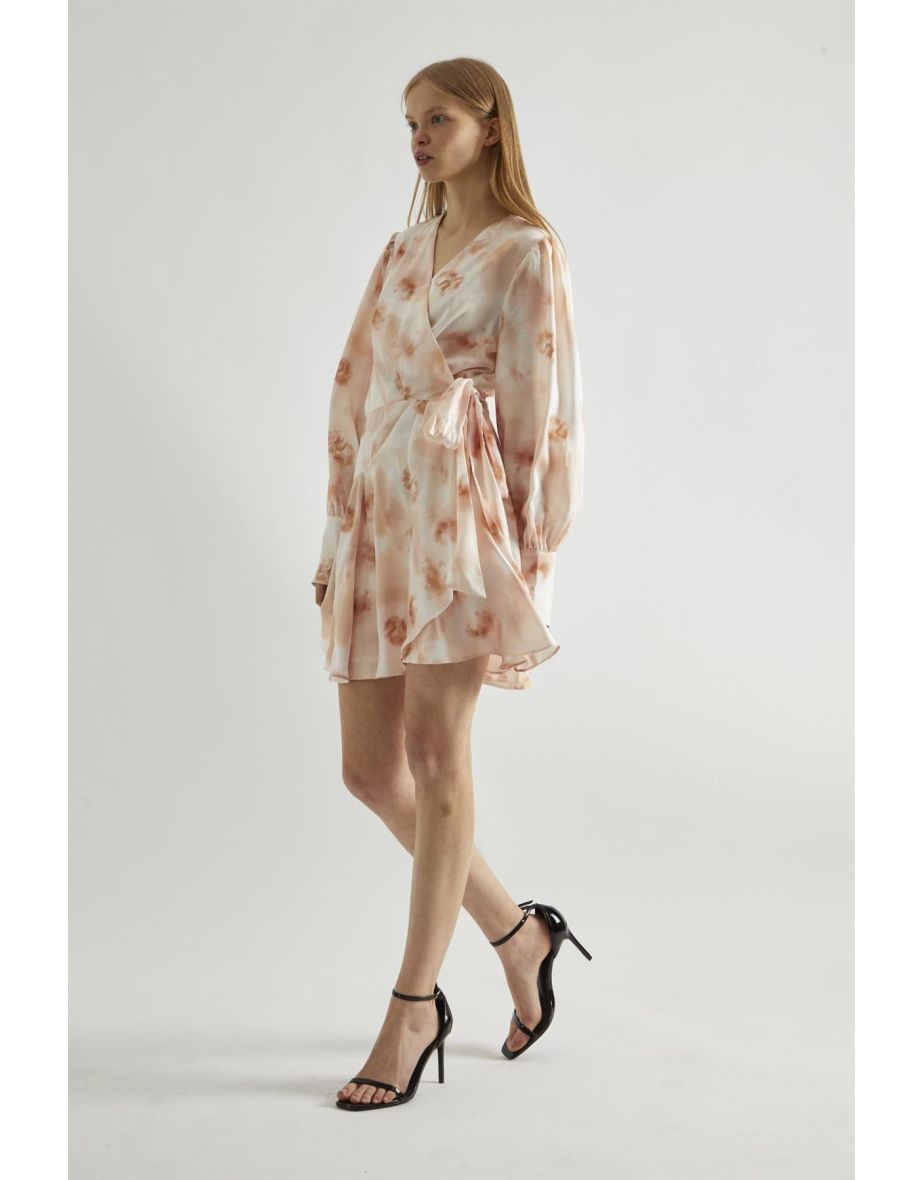 Peach-Watercolour Wrap Mini-dress - 3