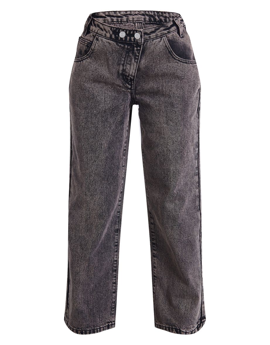Petite Washed Grey Asymmetric Waist Wide Leg Jeans - 4