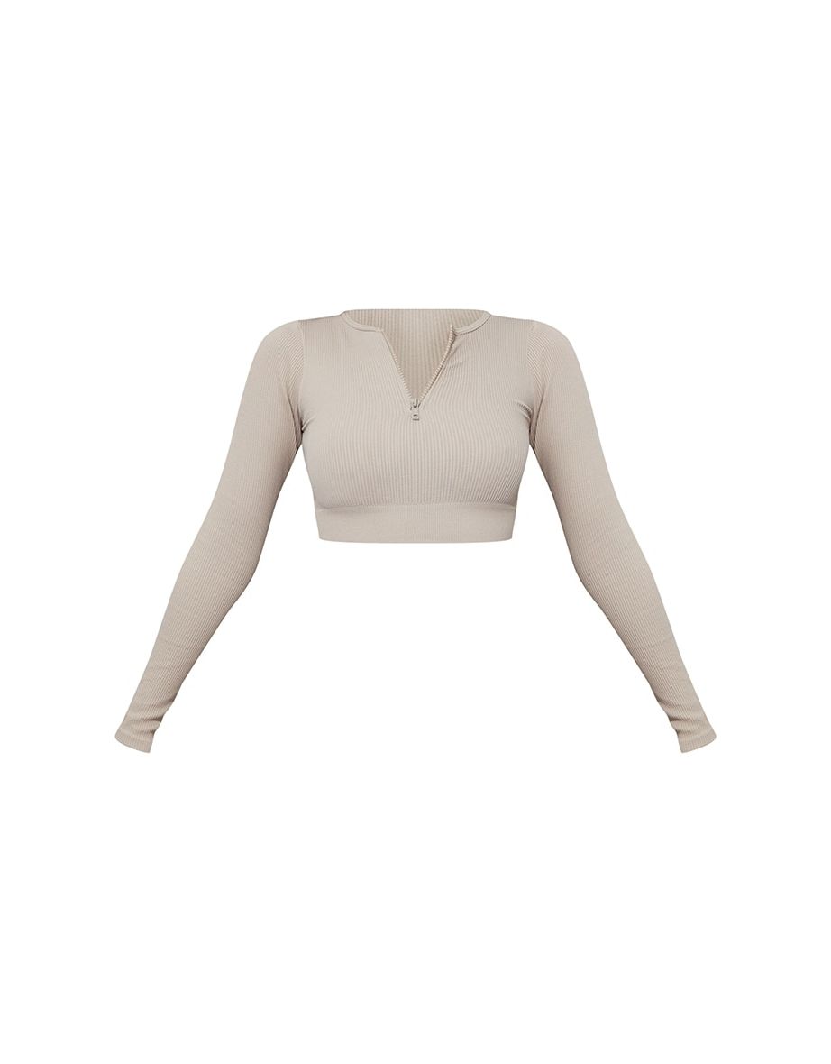 Stone Structured Contour Rib Zip Up Long Sleeve Crop Top - 4