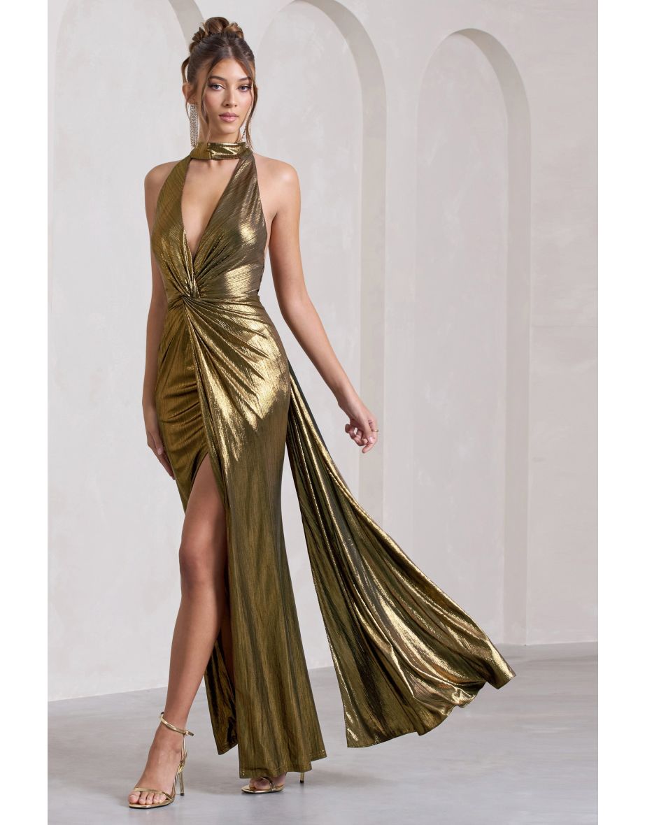 Lost | Gold Metallic Halter-Neck Cut-Out Split Maxi Dress With Drape