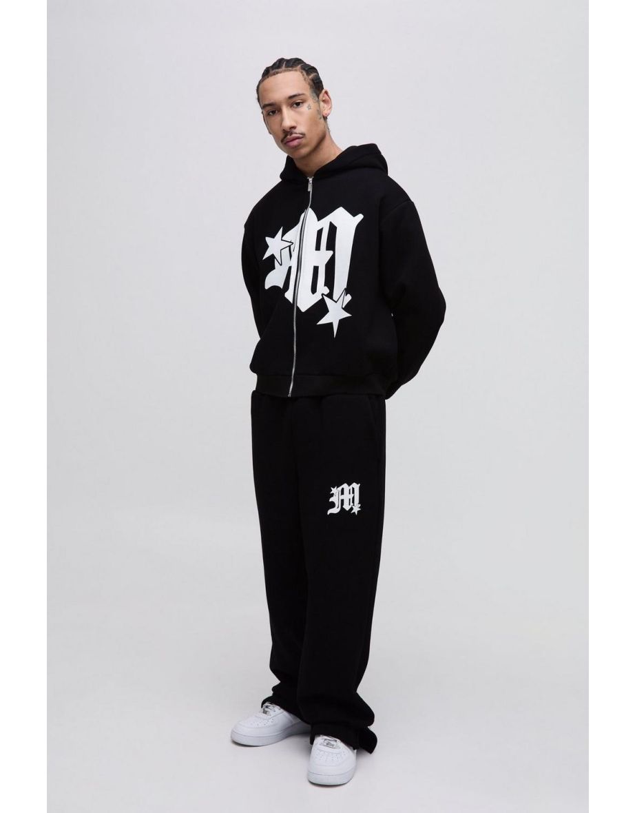 Oversized Boxy Gothic M Zip Hooded Tracksuit - black
