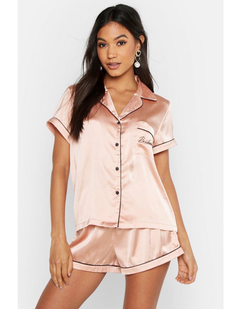 Bridesmaid Embroidered Satin Short Set - rose gold