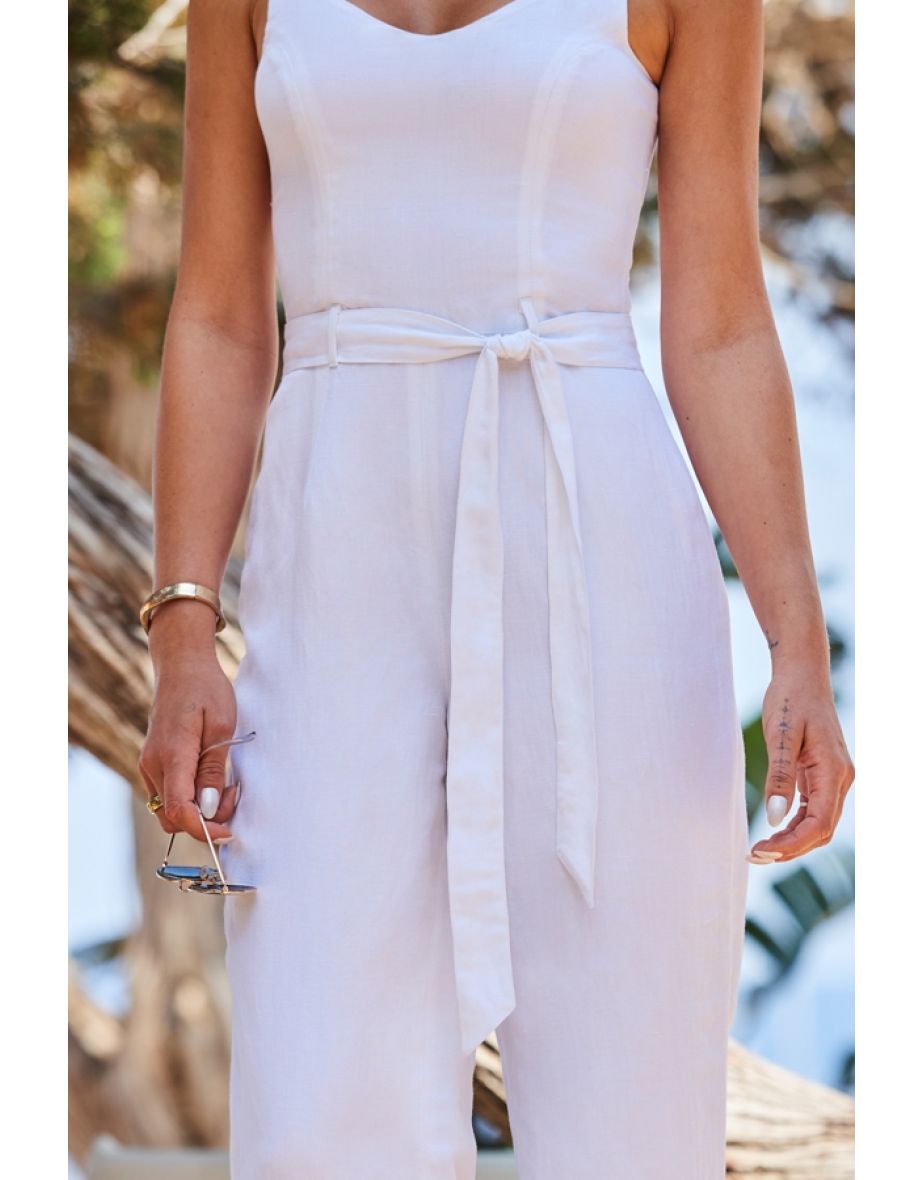 White Linen Belted Jumpsuit - 4