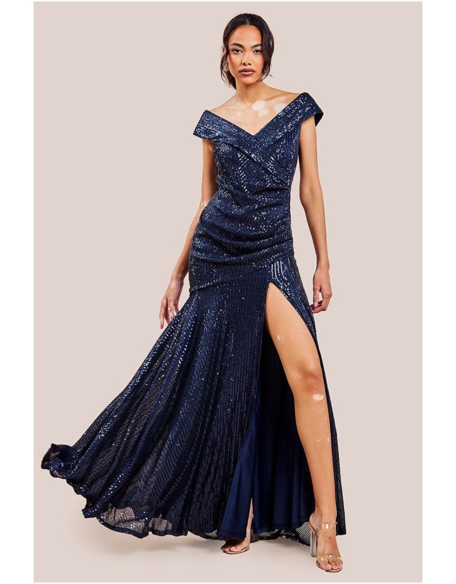 Goddiva Bardot Sequin Pleated Maxi Dress