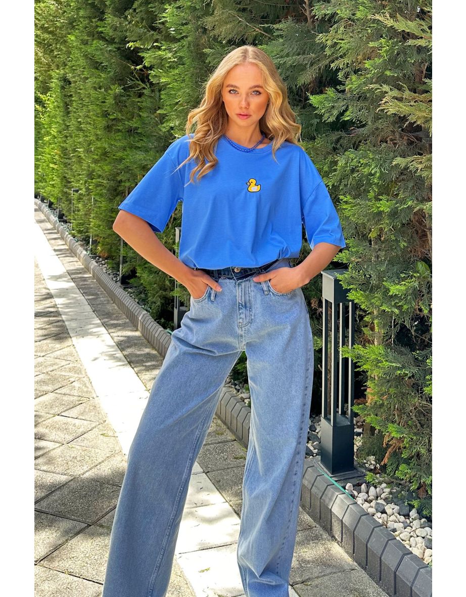 Women's Aviator Blue Crew Neck Duck Embroidered Oversize T-Shirt