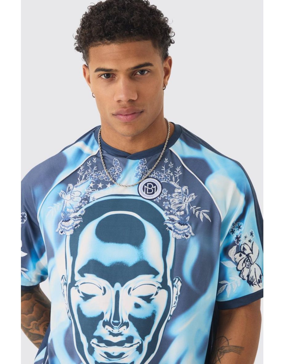 Boxy Floral Embroidered Football T-shirt - blue - 2