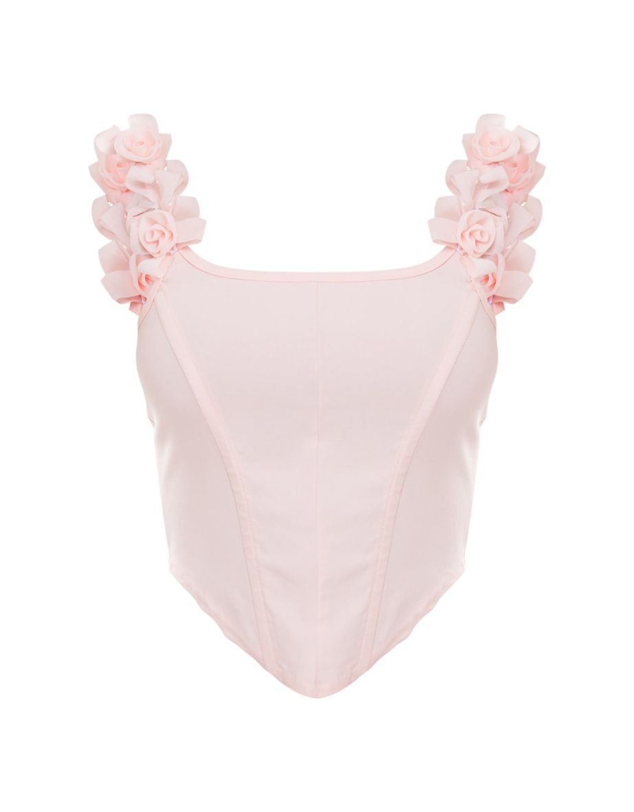 Pale Pink Stretch Woven Corset Top Floral Detail - 3