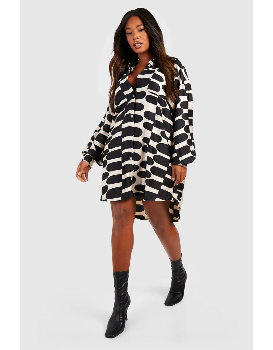 Plus Printed Oversized Shirt Dress - black