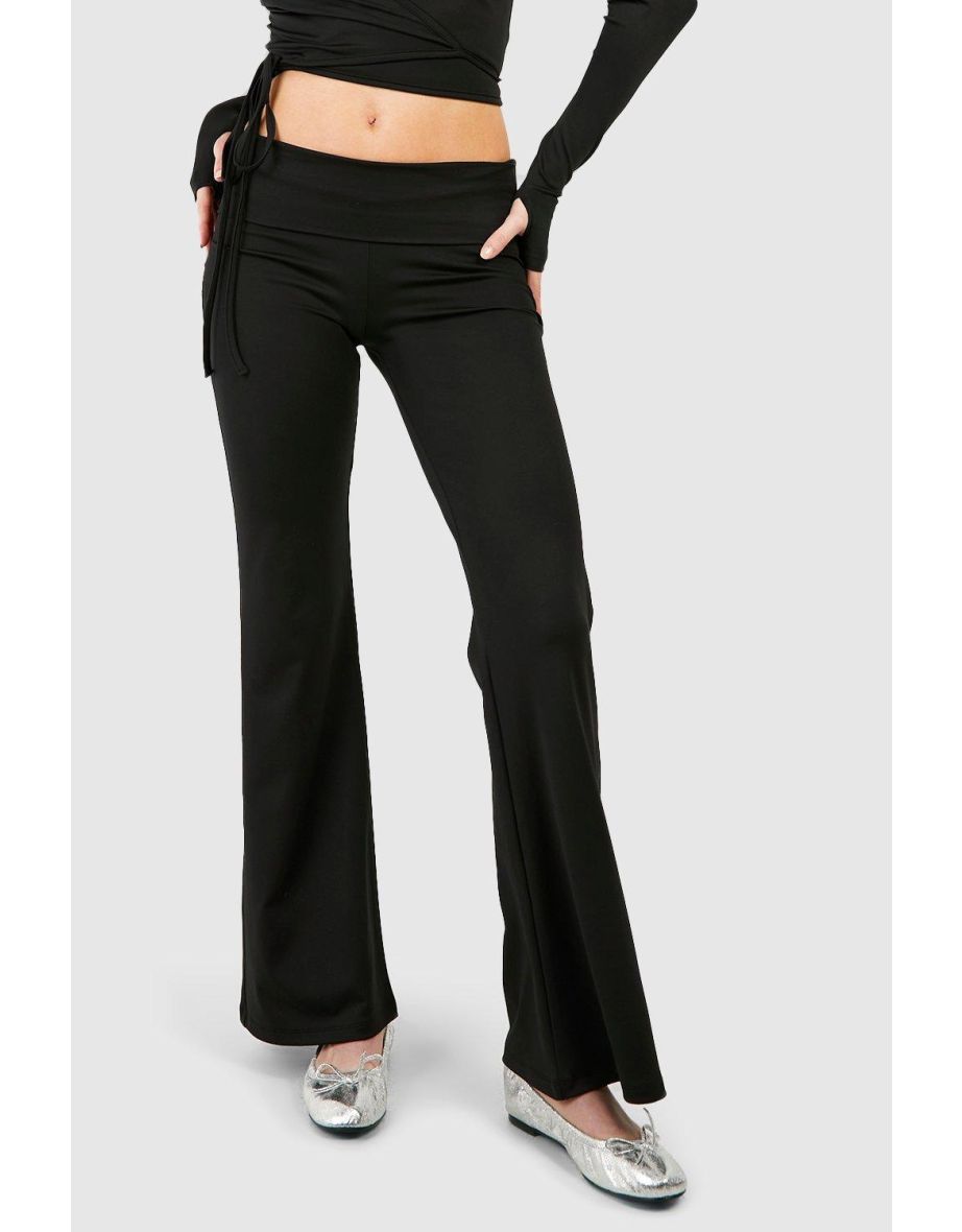 Fold Over Waist Woven Tab Flared Yoga Pants - black - 3