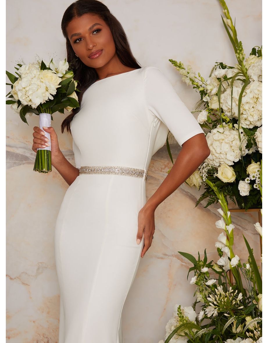 Wedding Dress with Scoop Back Design in White - 3