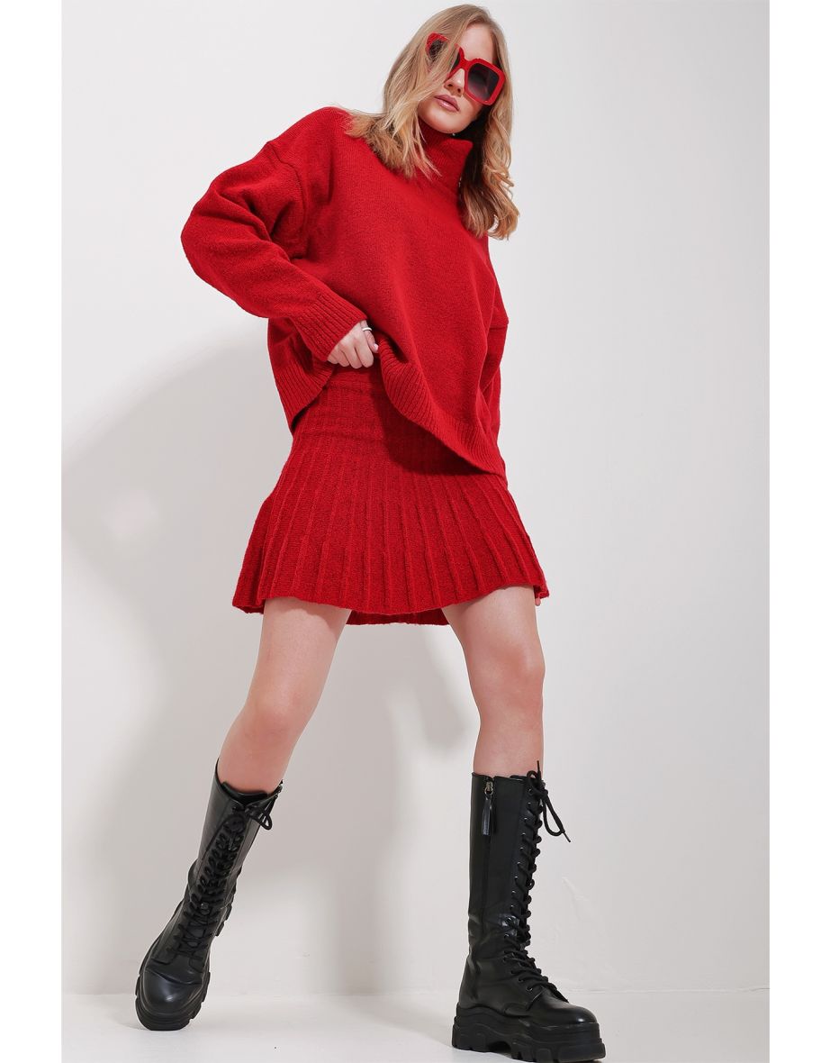 Women's Red Turtleneck Sweater And Pleated Skirt Set