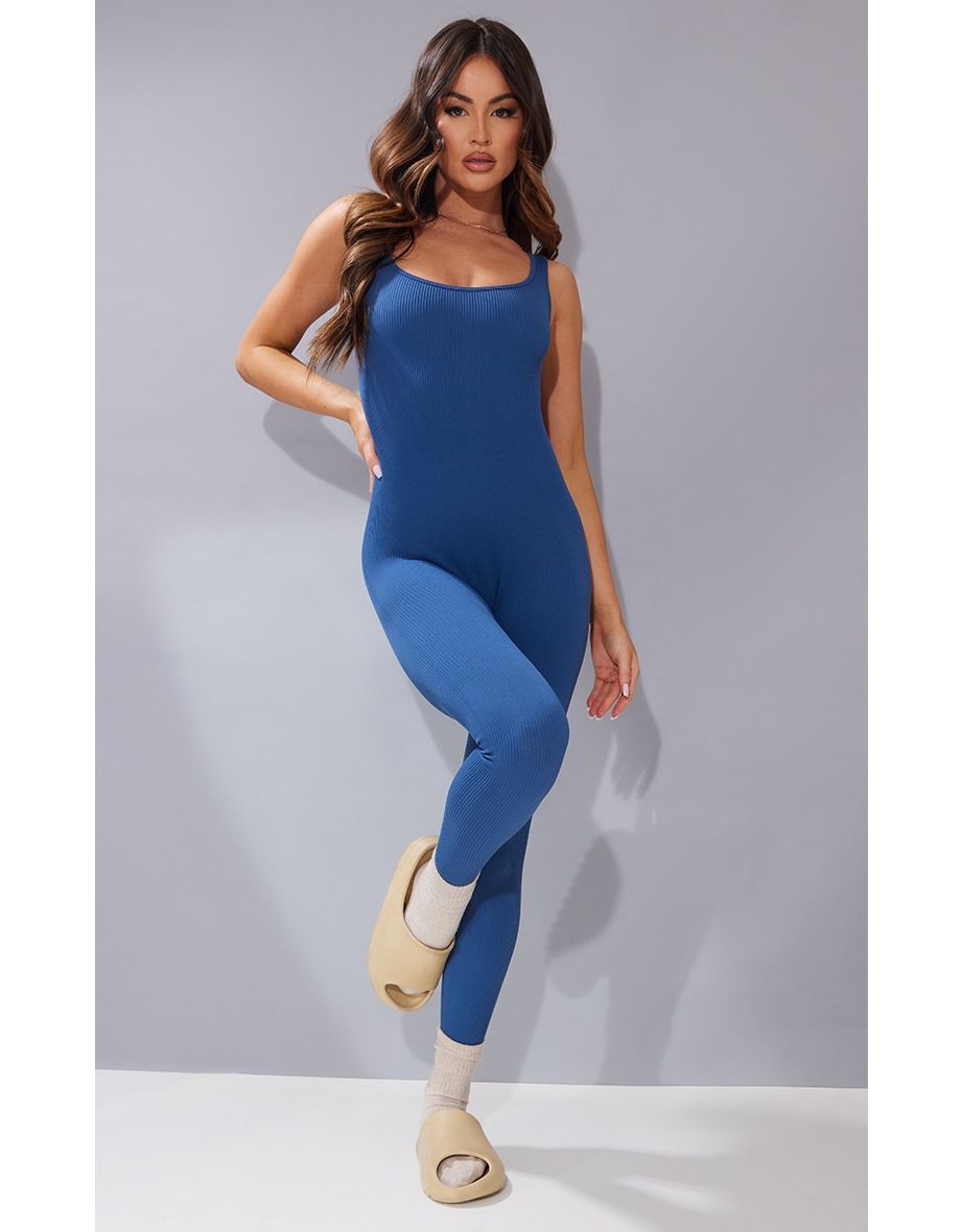 Navy Structured Contour Ribbed Scoop Neck Jumpsuit
