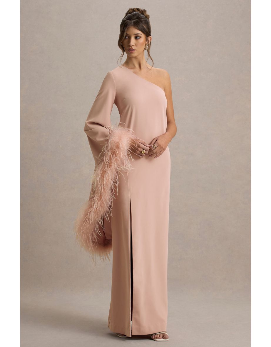 Armina | Blush Pink One-Shoulder Feather-Trim Maxi Dress