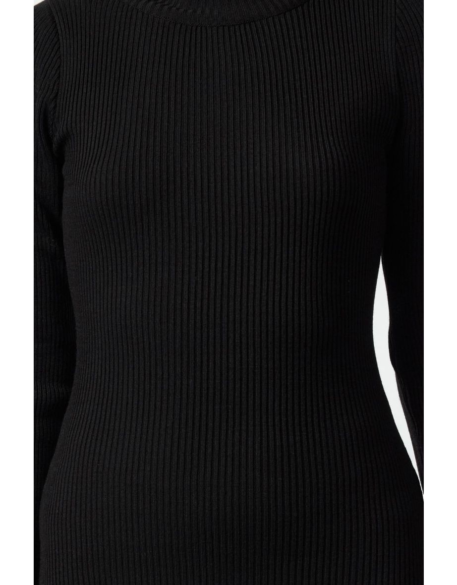 Black Midi Knit Basic Turtleneck Dress - 4