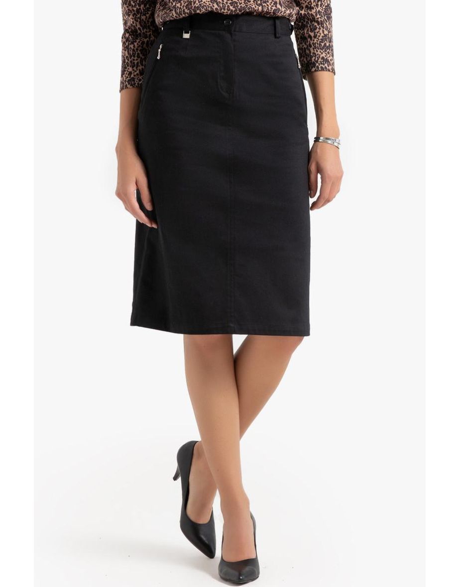 Cotton Satin Stretch Pencil Skirt in Knee-Length