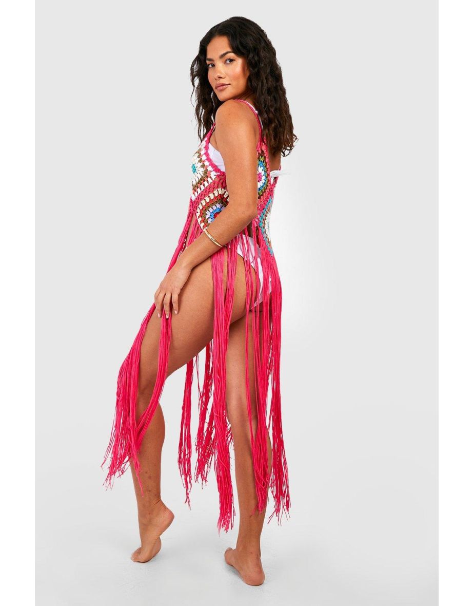 Crochet Patchwork Fringe Hem Beach Cover Up - bright pink - 3