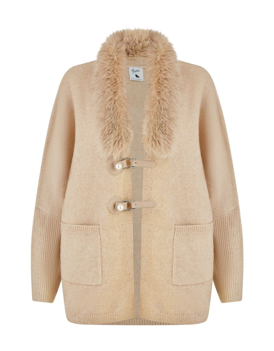 Yumi Oatmeal Cardigan With Detachable Fur Collar Trim - 5
