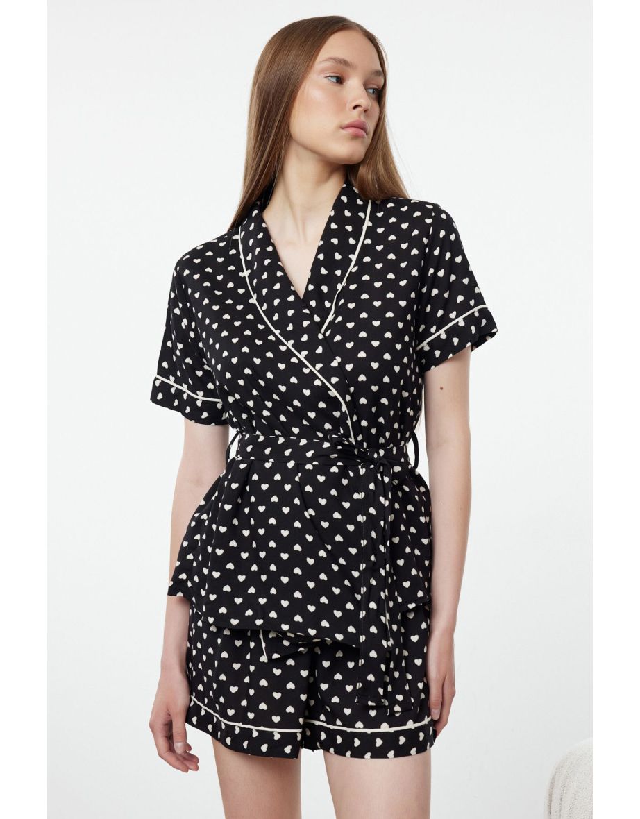 Black Patterned Belted Piping Detailed Viscose Shirt-Shorts Woven Pajama Set