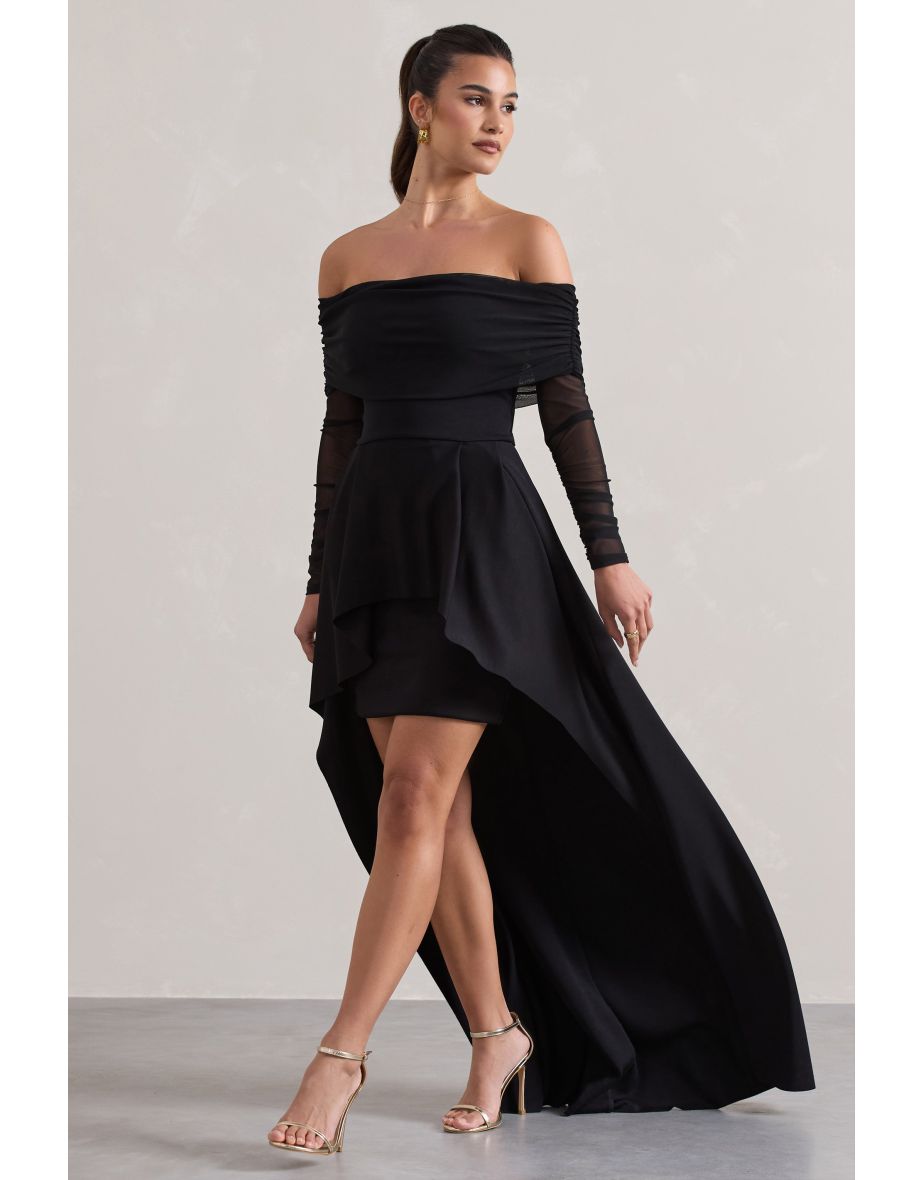 Lunara | Black Bardot High-Low Floor Dress - 4