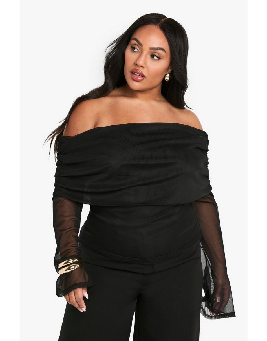 PLUS MESH BARDOT LONG SLEEVE TOP - black