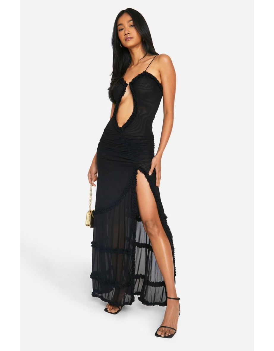 Trim Cut Out Asym Extreame Ruffle Maxi Dress - black