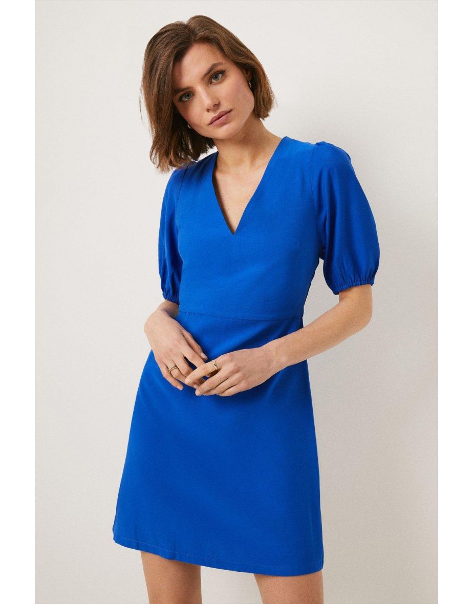 Puff Sleeve Linen Look Mini Dress