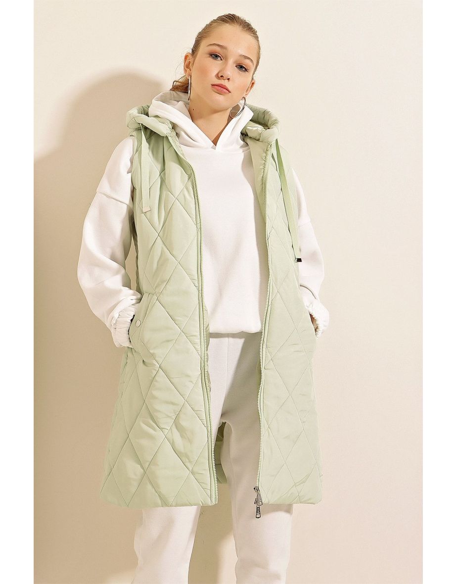 Green Hooded Long Puffer Vest