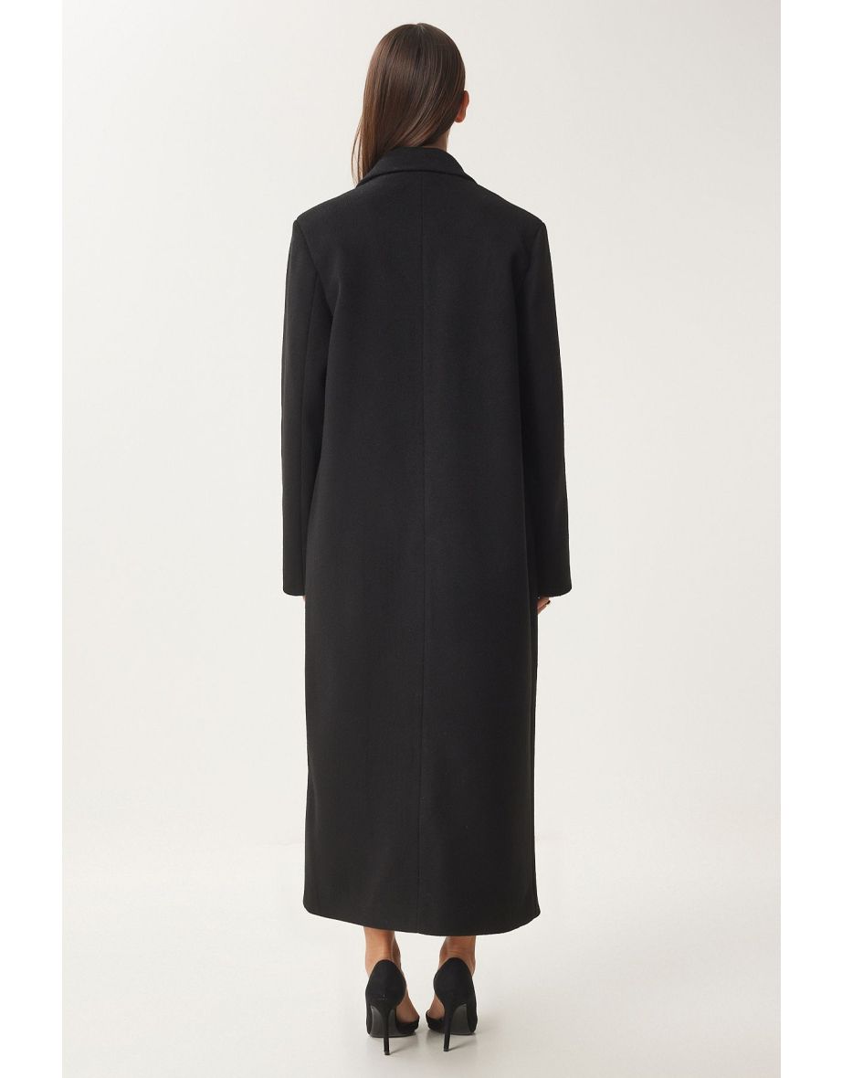 Women's Black Double Breasted Cashmere Coat - 6