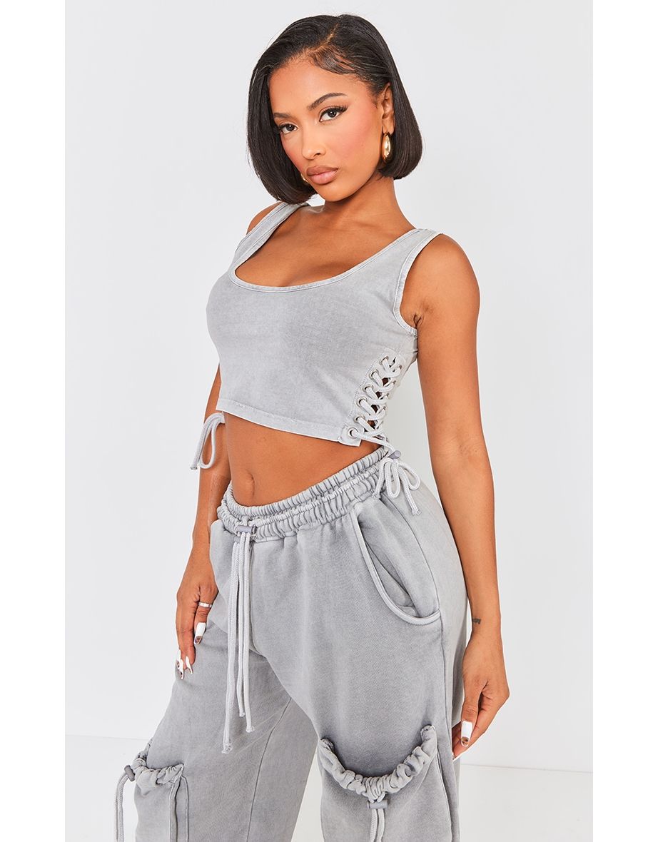 Shape Light Grey Washed Lace Up Toggle Scoop Neck Crop Top