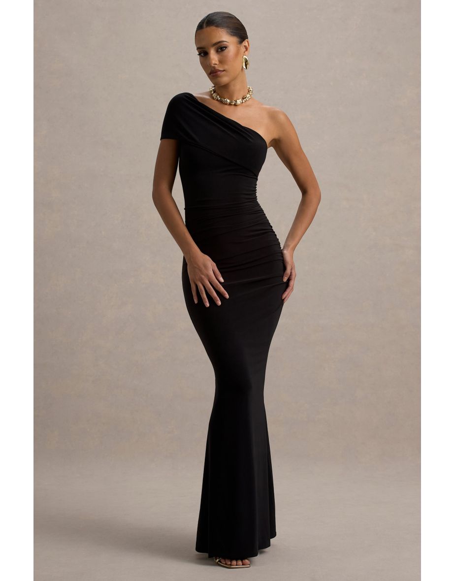 Alethea | Black Asymmetric Bardot Maxi Dress