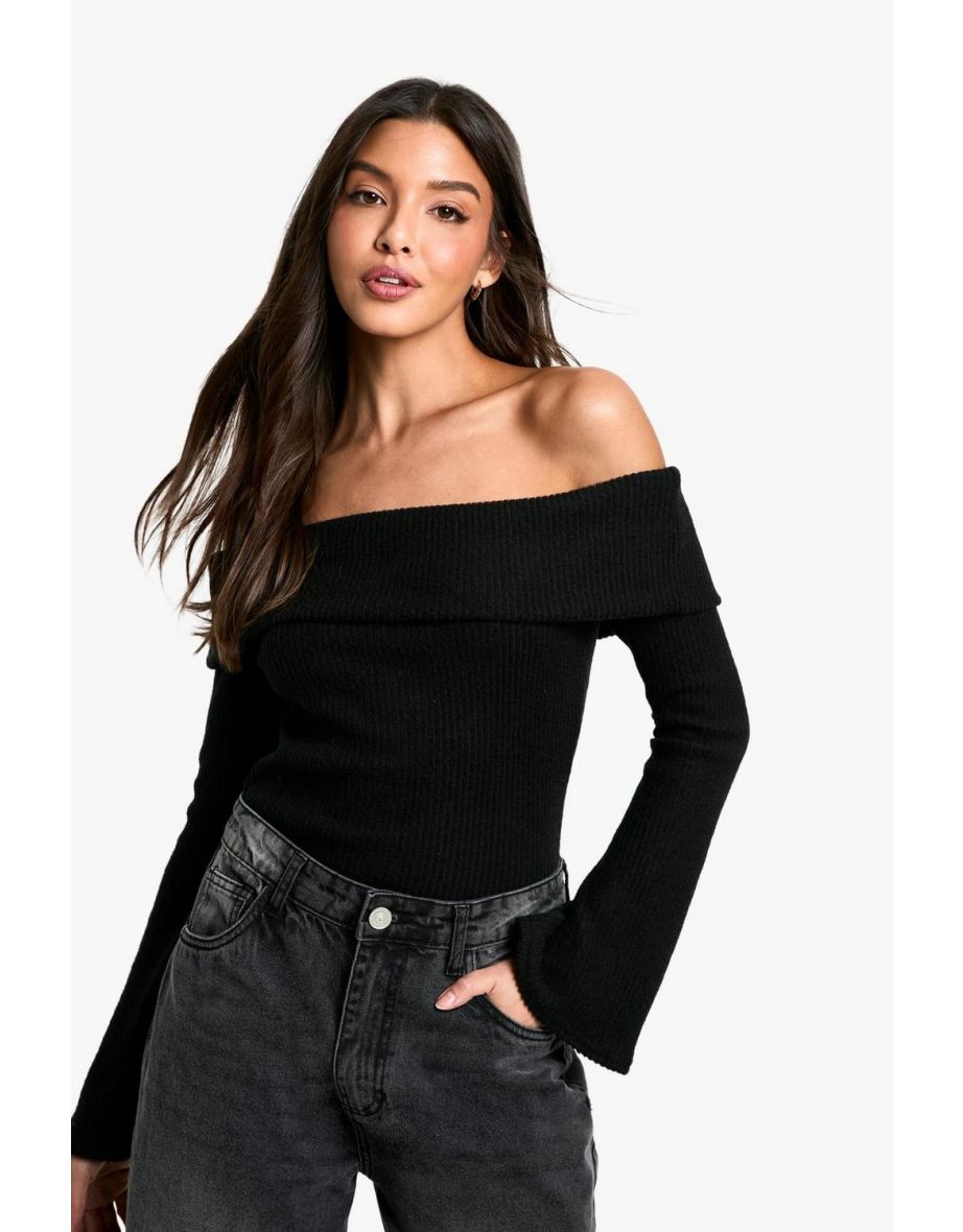 Brushed rib off shoulder bodysuit - black - 3