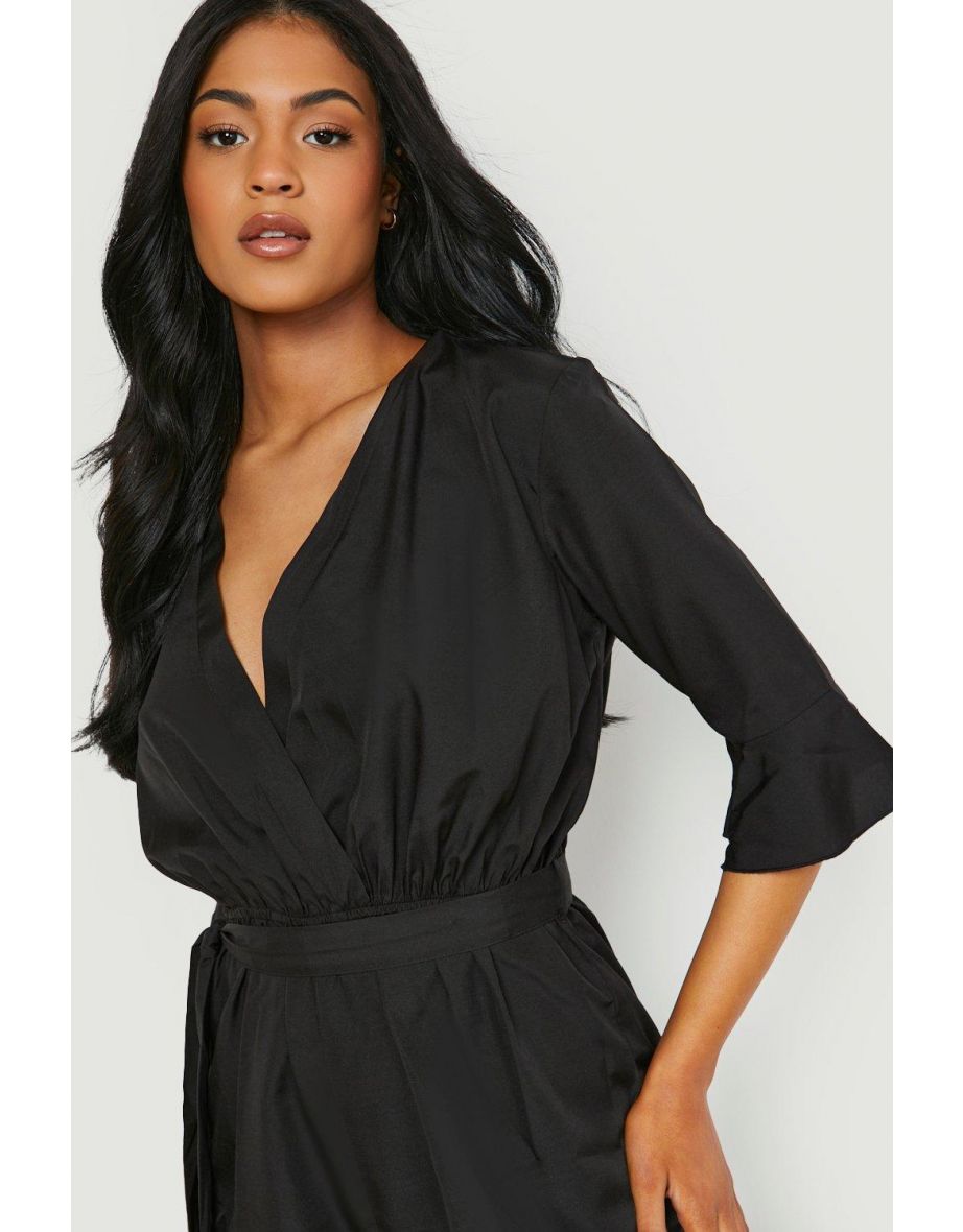 Tall Wrap Belted Woven Ruffle Playsuit - black - 3