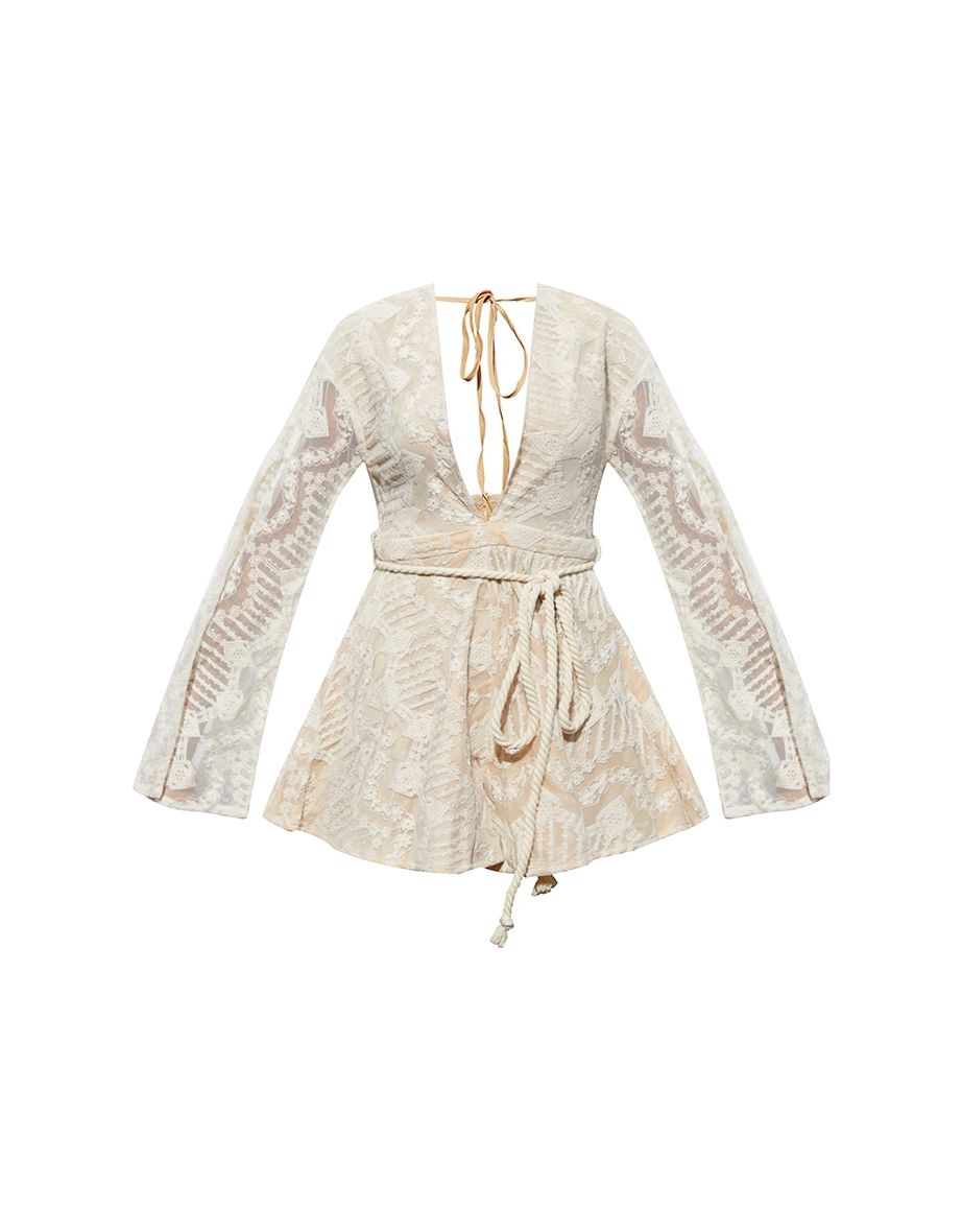 Nude Lace Flare Sleeve Rope Belt Playsuit - 4