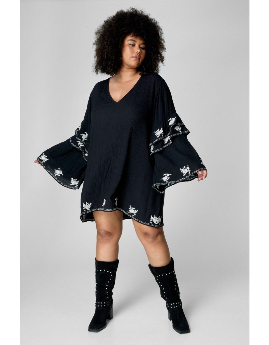 Plus Crinkle Embroidered Ruffle Sleeve Plunge Tunic Dress