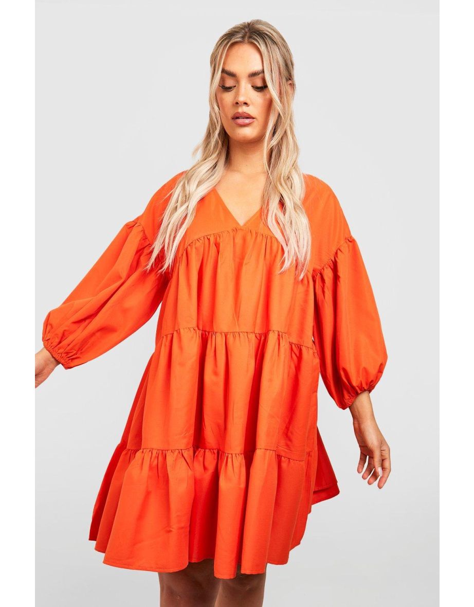 Plus Woven Tiered Puff Sleeve Smock Dress orange