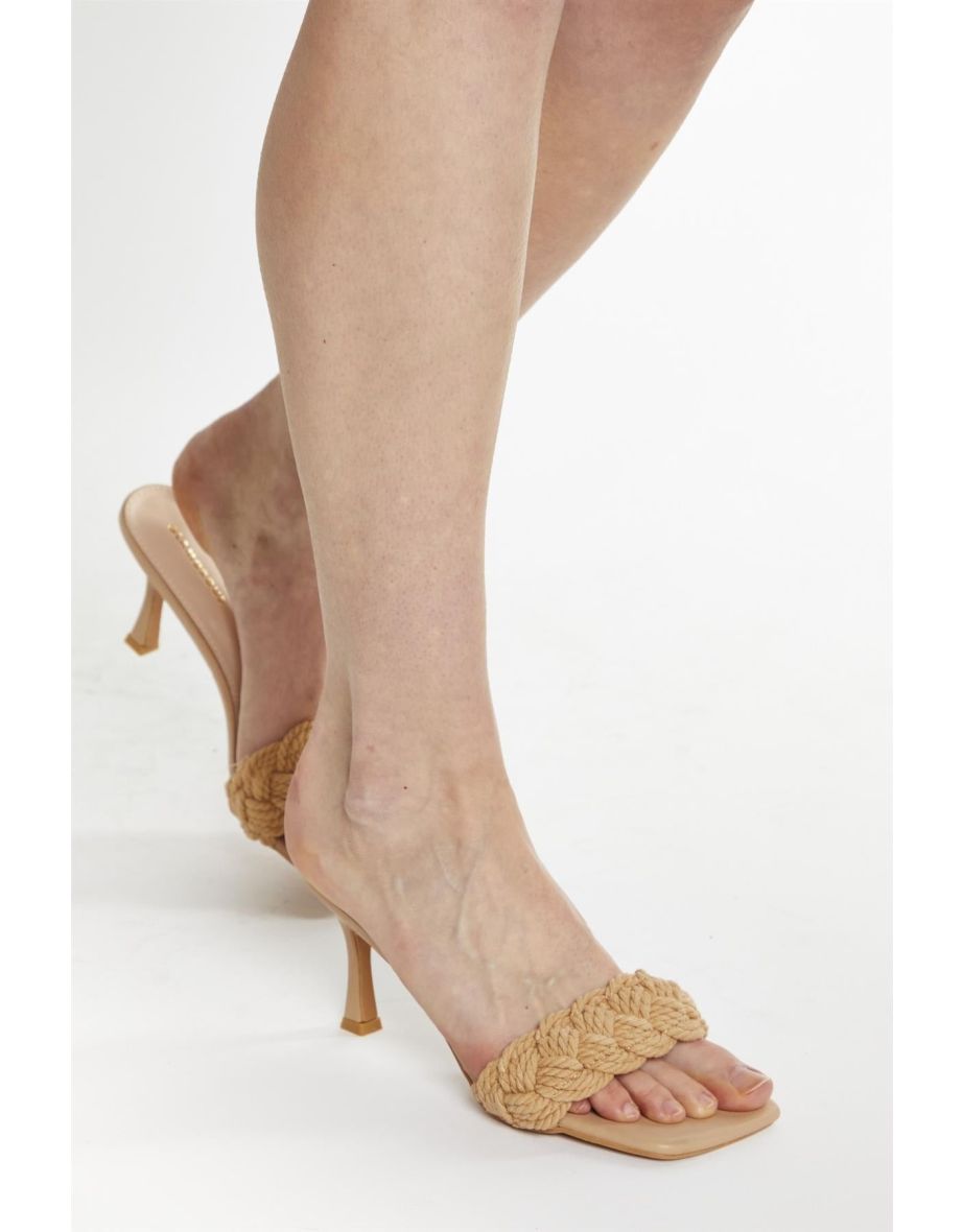 Camel Braided Strap Heeled Mules - 2