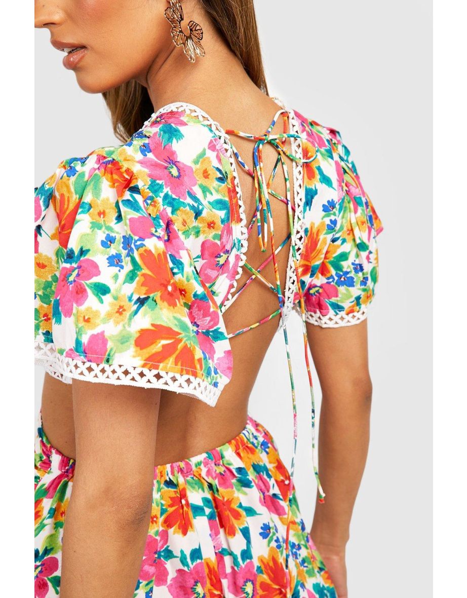 Floral Print Cut Out Jumpsuit - white - 3