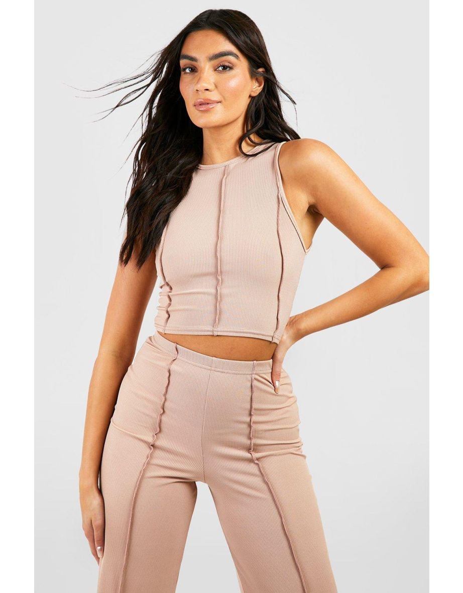 Exposed Seam Ribbed Cropped Racer Vest - camel