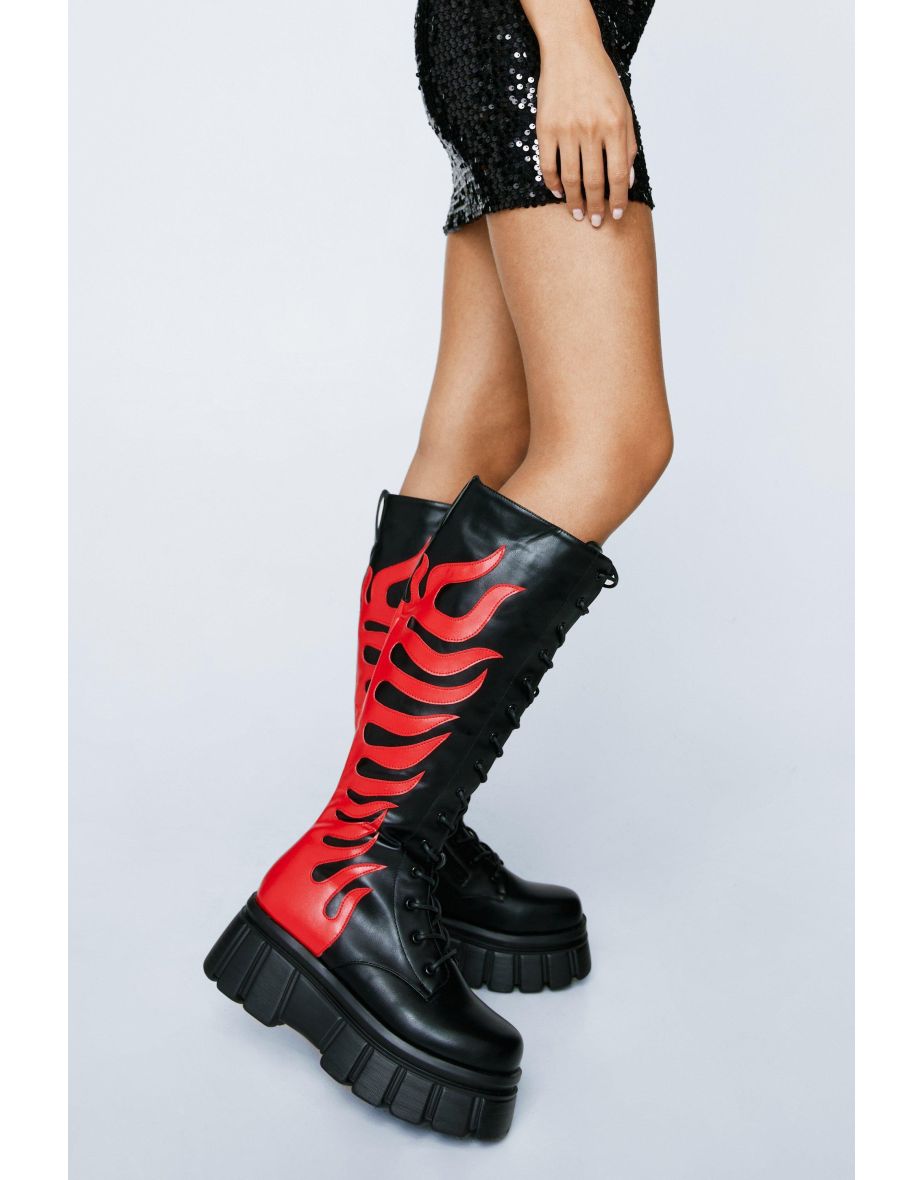 Red knee high hot sale combat boots