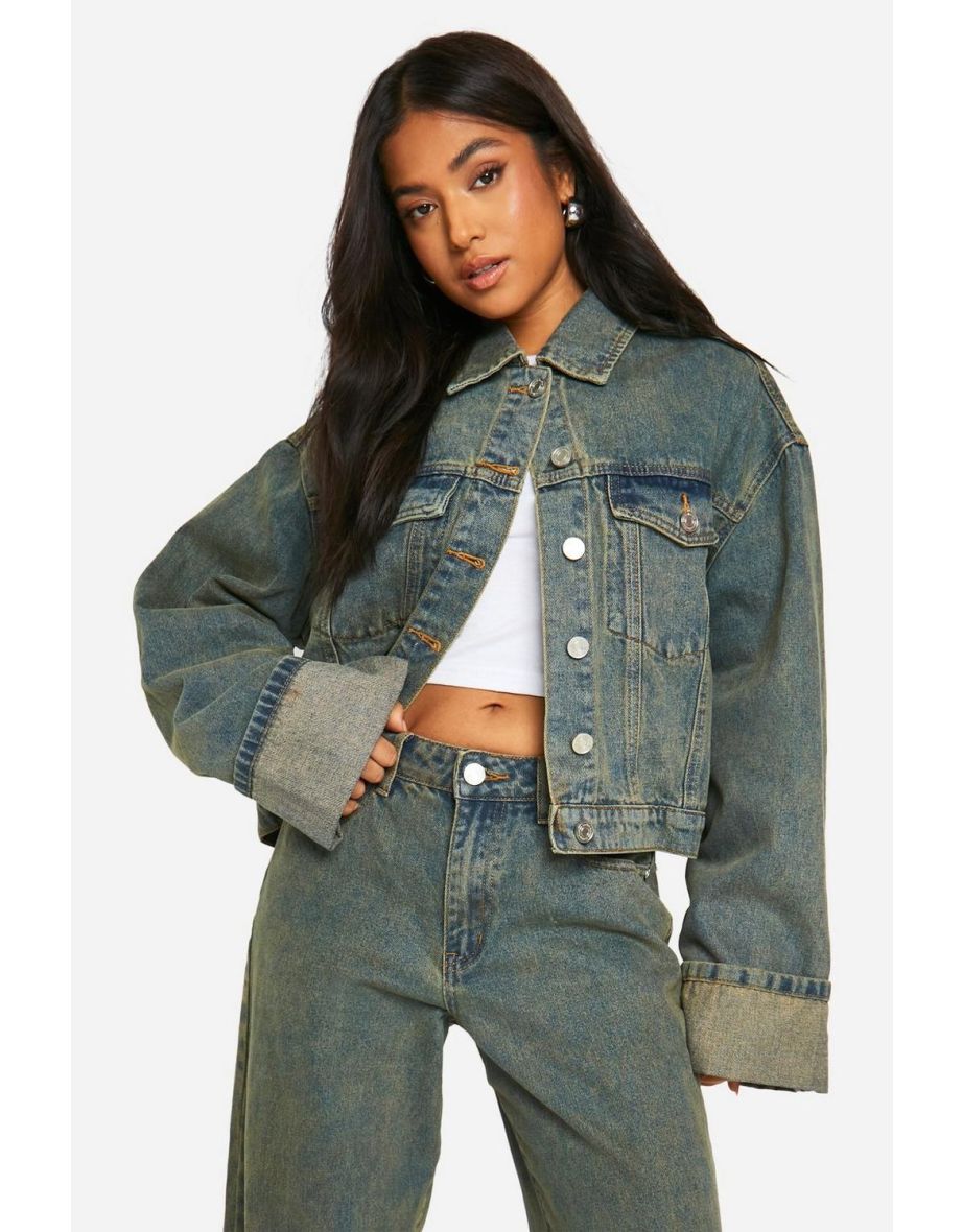 Petite Vintage Wash Turn Up Cuff Denim Jacket - vintage wash
