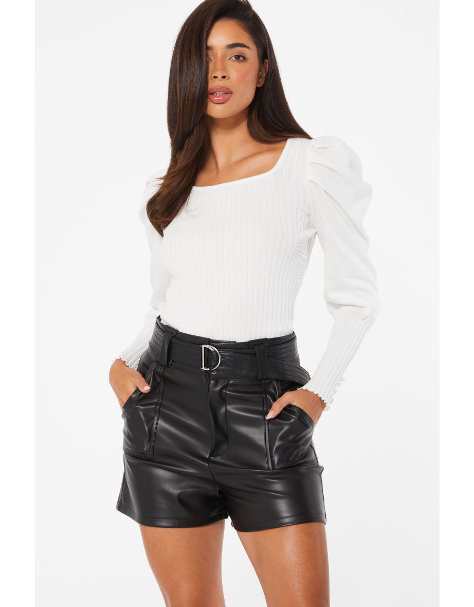 Black Faux Leather Belted Shorts