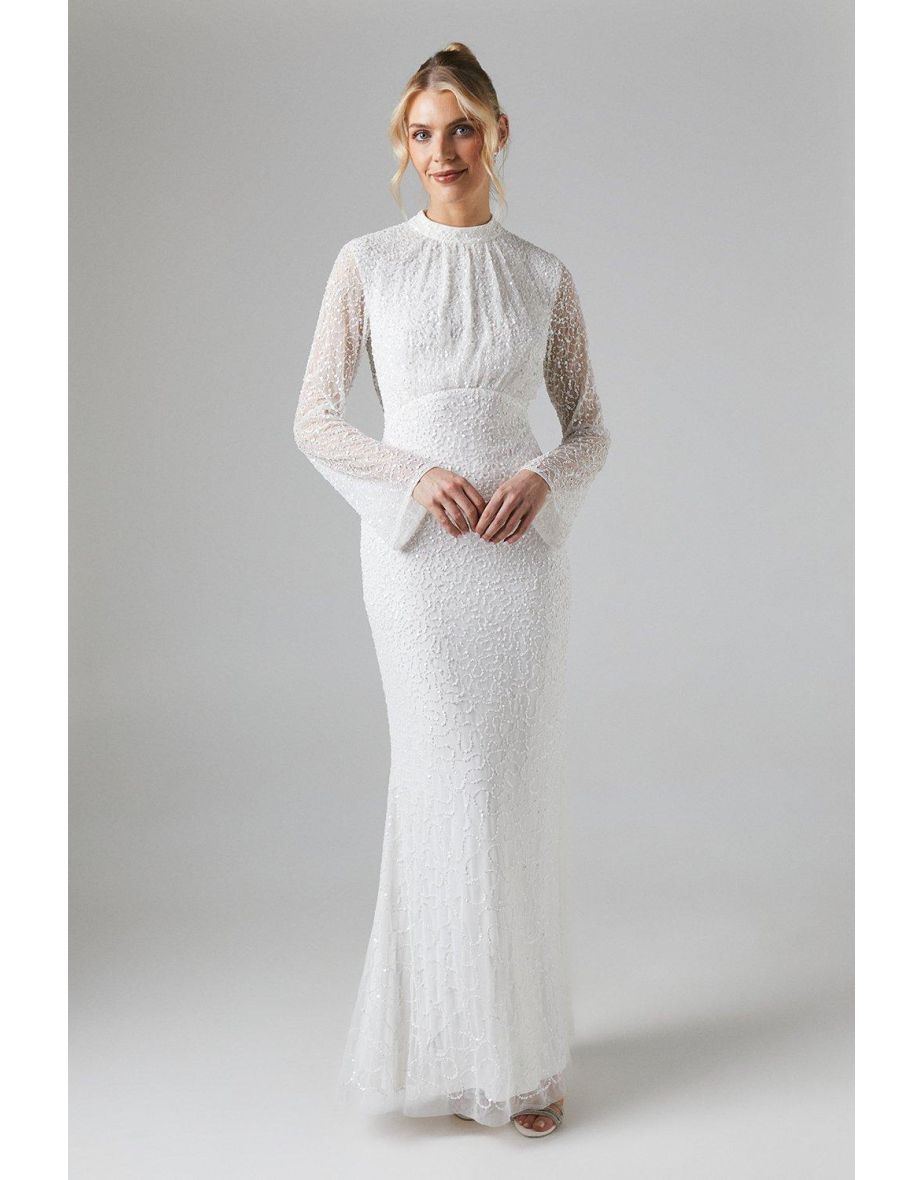 High Neck Long Sleeve Sequin Embellished Cowl Back Wedding Dress