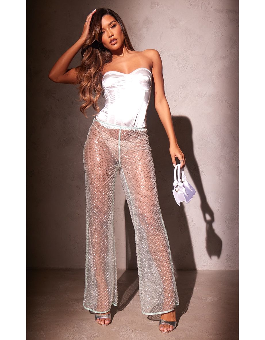 Premium Aqua Embellished Sheer Trousers