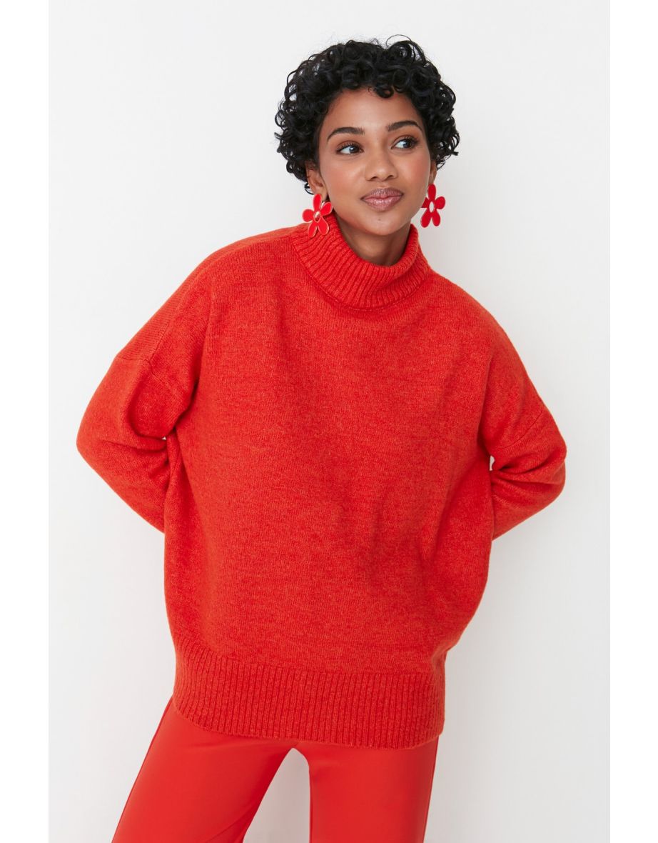 Orange Wide Fit Soft Textured Stand Collar Knitwear Sweater