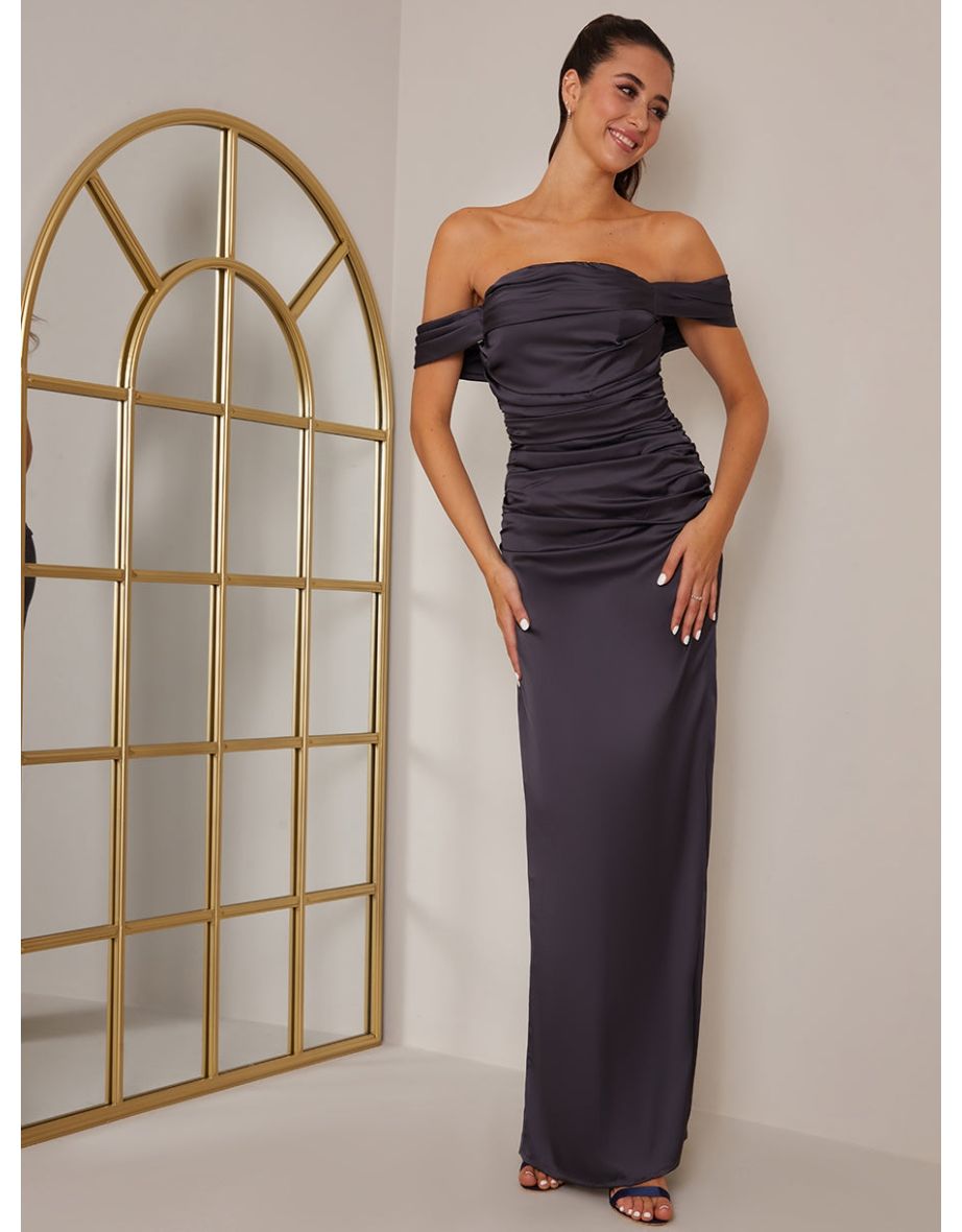 Bardot Ruched Satin Maxi Dress in Navy