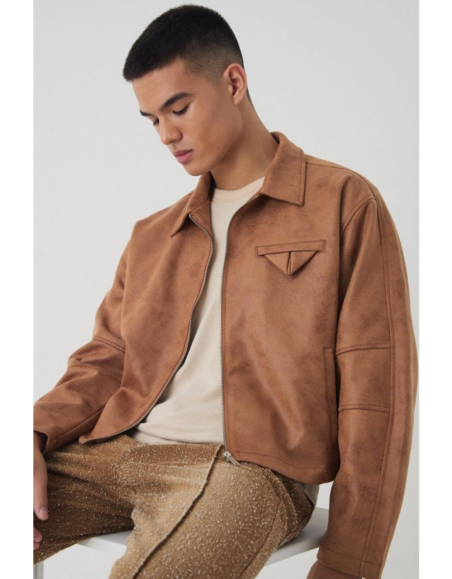 Boxy Washed Collared Harrington Jacket In Brown - brown