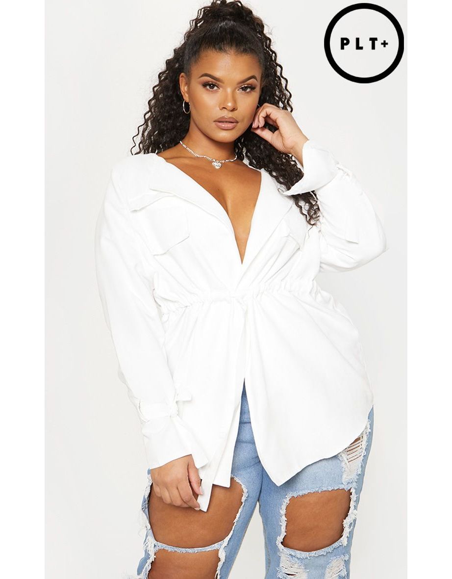 Plus White Faux Suede Cargo Ruched Waist Shirt