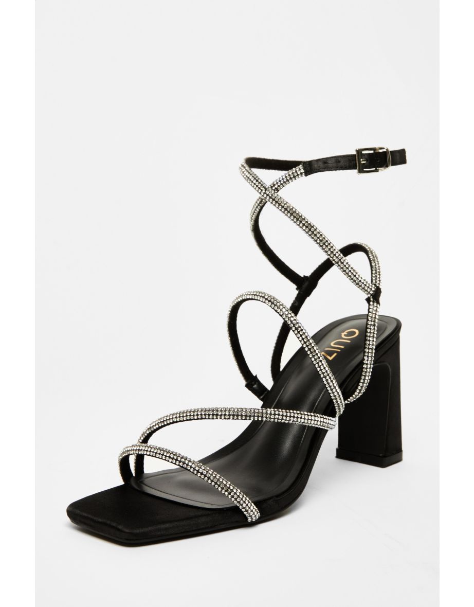 Black Satin Diamante Strappy Heels