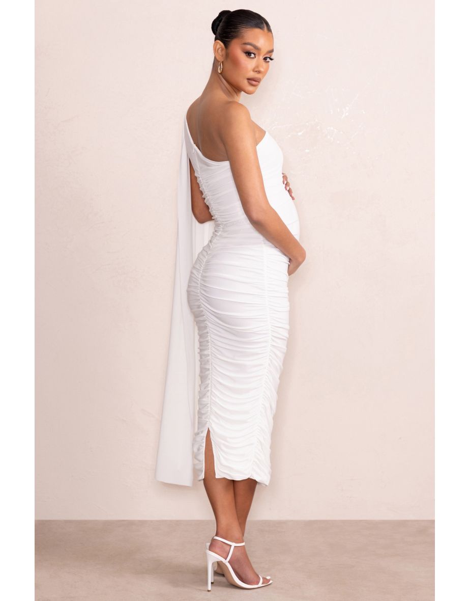 White one shoulder ruched slinky best sale midi dress