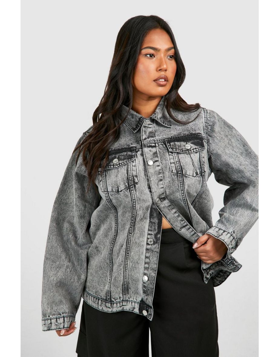 Shop Plus Washed Pocket Oversized Denim Jacket acid wash black Online in Oman VogaCloset